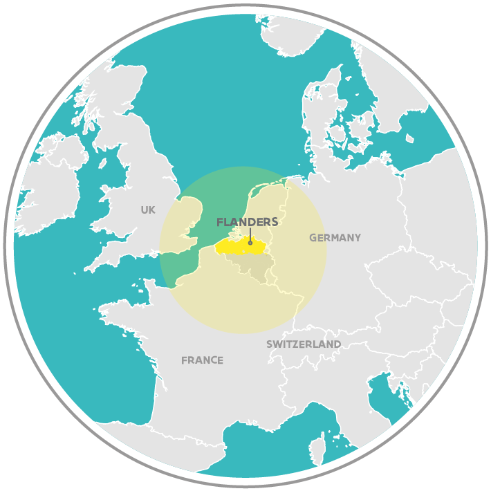 Flandres está idealmente posicionada entre o Reino Unido (mais especificamente, o triângulo Londres-Oxford-Cambridge), França, Alemanha e Suíça. Flandres está idealmente posicionada entre o Reino Unido (mais especificamente, o triângulo Londres-Oxford-Cambridge), França, Alemanha e Suíça.