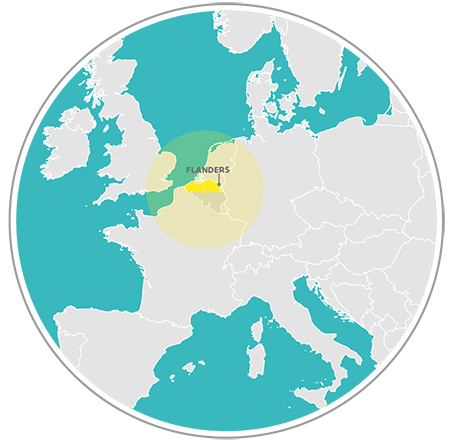 Map of Flanders in Europe: Over 60% of European Purchasing power is situated within a tight 500-kilometer radius around Flanders