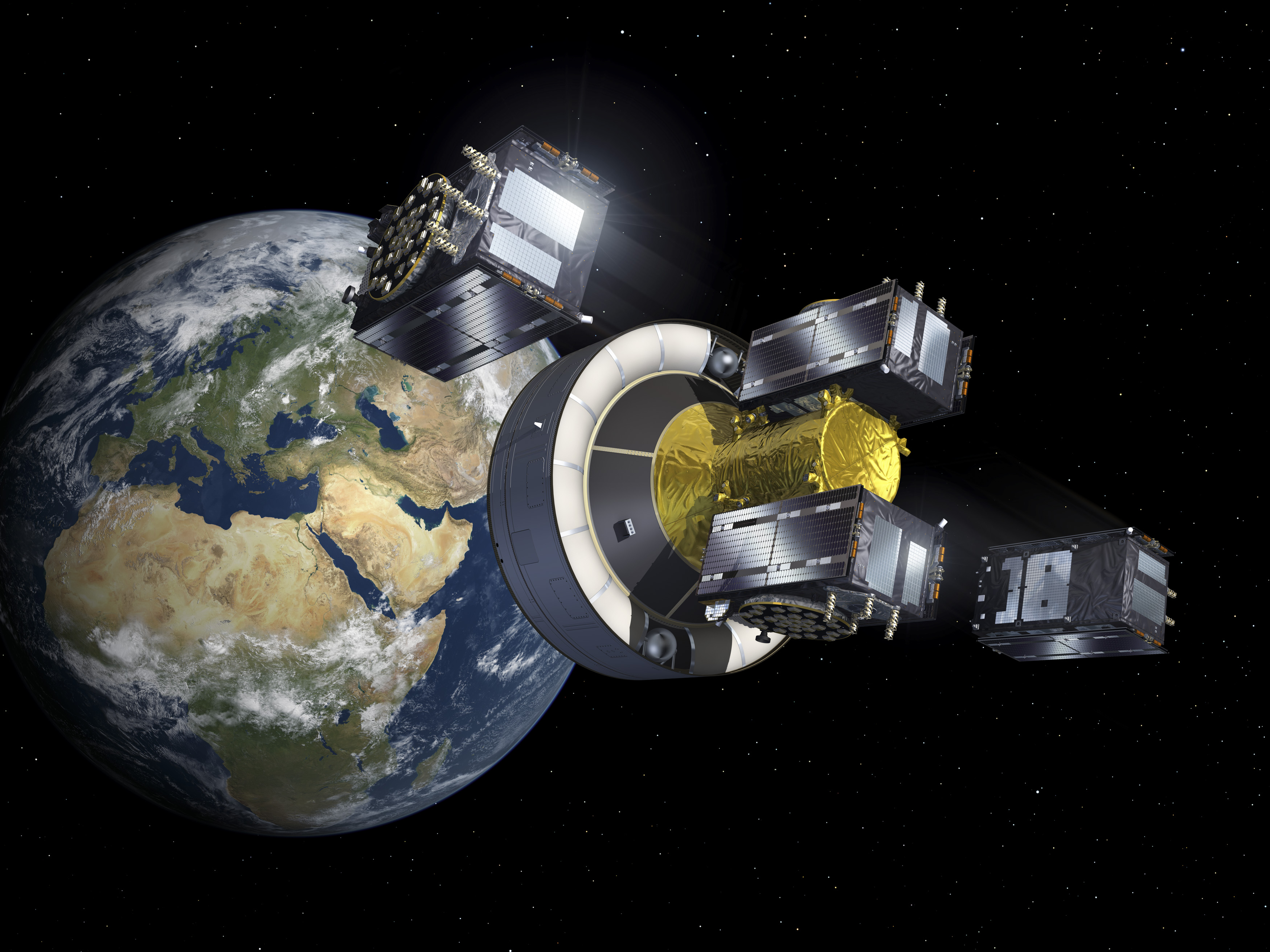 Galileo satellites 15–18 being deployed from their dispenser at 22 900 km altitude