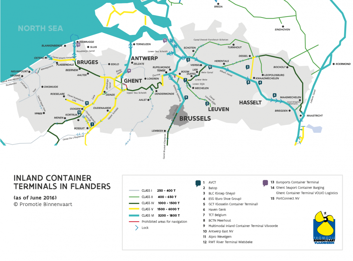 Map with all inland container terminals in Flanders
