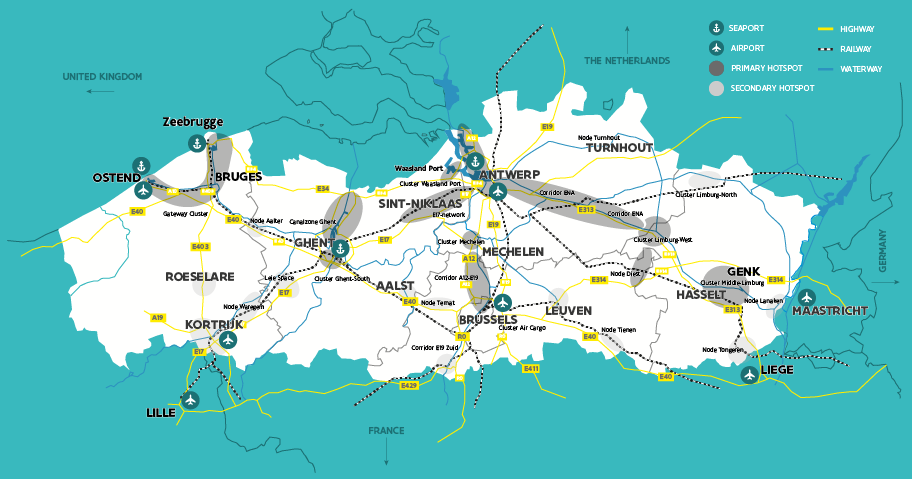 Map with logistics hotspots in Flanders, Belgium: airports, seaports, roads, rail and inland waterways