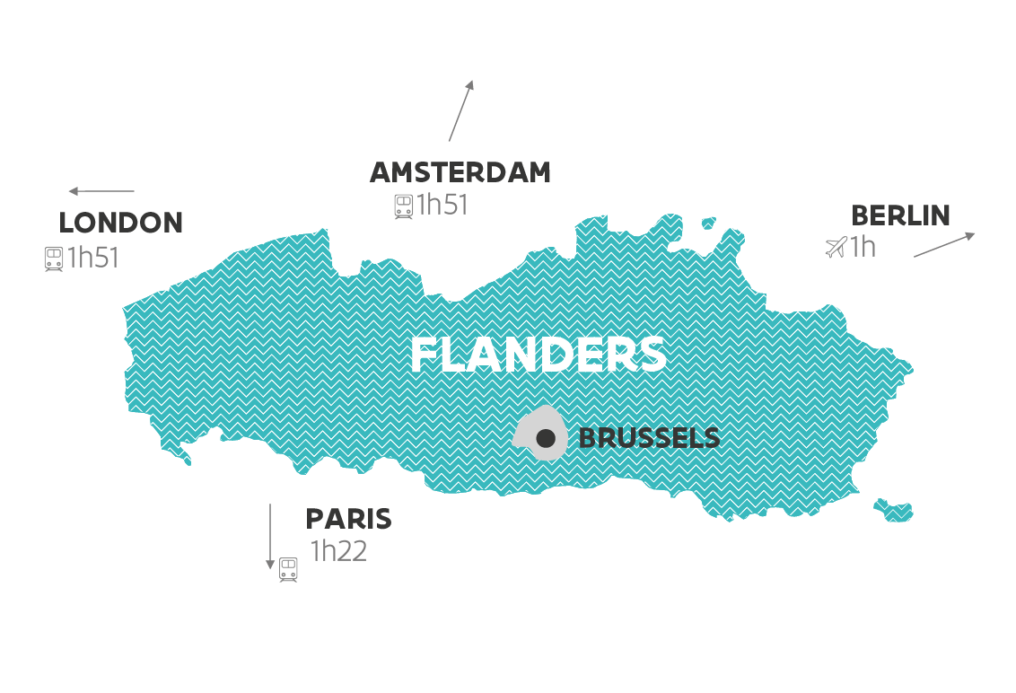 Map of Flanders with nearby capitals and travel time